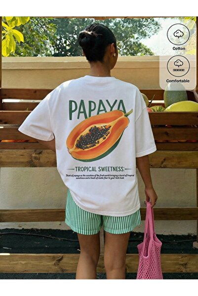 Vordevia Papaya Printed White Oversize Unisex T-Shirt Basic Comfortable Fit D...