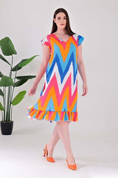 Madwilo Women's Multi-Colored Zigzag Pattern Ruffled Sleeves and Hem Plus Siz...