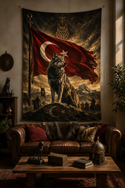Vagonik Wolf and Turkish Flag Themed Wall Cloth Banner Thick Fabric
