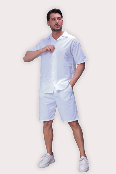MYRAB DENİM Men's White Linen Shirt and Shorts Set – Oversize Comfortable Fit...