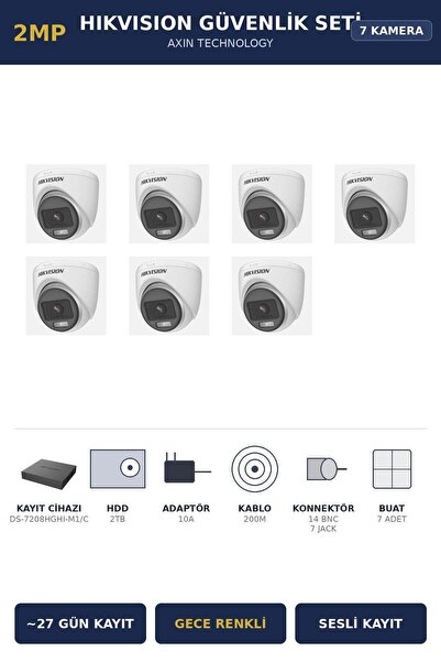 Hikvision 7 Kameralı 2MP Güvenlik Kamera Seti ColorVu Gece Renkli 2TB ~27 Gün...