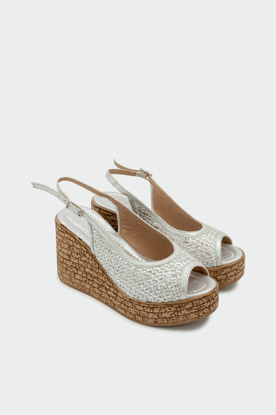 LAMİNTA Aretha Wicker Detailed Women's Silver Wedge Heel Shoes