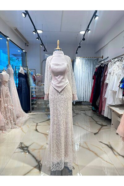 Abiye's Bej Saten Büstiyerli İncili Dantelli Balık Model Abiye