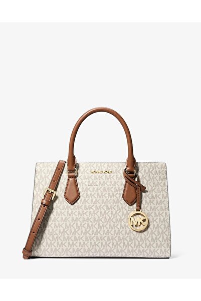 MK Signature Print Satchel Vanilla Brown Women