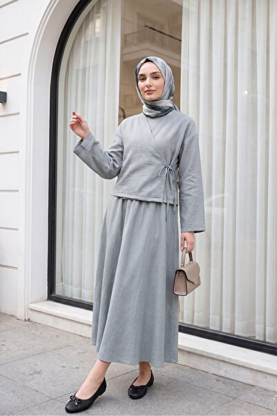Modamorfo Linen Look Suit with Side Tie Skirt - Light Gray