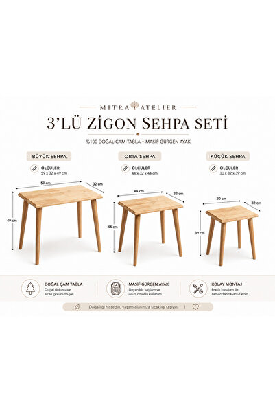 Mitra Atelier Doğal Ahşap Çam 3'lü Zigon Sehpa Takımı Yan Sehpa Modern İskandinav Bohem Salon Sehpası Kahve Sehpası