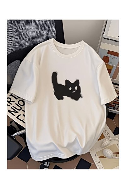 ZİYMO Unisex Scared Cat Printed Oversized T-Shirt White