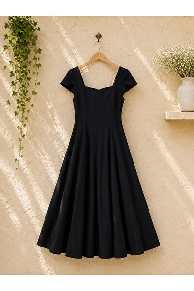 KÜÇÜĞÜM BUTİK Black Linen Square Neck Short Sleeve Flowy Dress