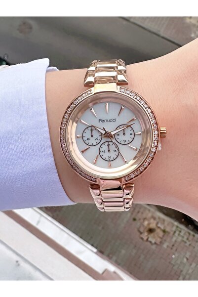 Ferrucci Kadın Rose Gold Metal Kordon Taşlı Çok Göstergeli Kol Saati 2 Yıl Garantili