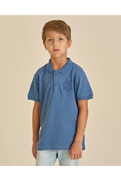 REDTAG Boys Sky Blue Chest Print Polo T-Shirt