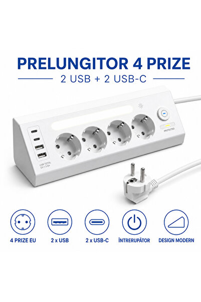 OEM Prelungitor electric 4 prize cu porturi USB și Type-C, 2500W, protecție s...