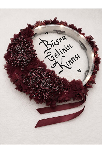 ELYNA Bordo Ledli Boncuklu Çiçekli Şeffaf Gelin Tefi, Çiçekli 32 cm, Kına Düğ...