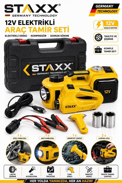 STAXX POWER 12V Elektrikli Kriko Seti 5 Ton Kompresör 480Nm Somun Sökme Makin...