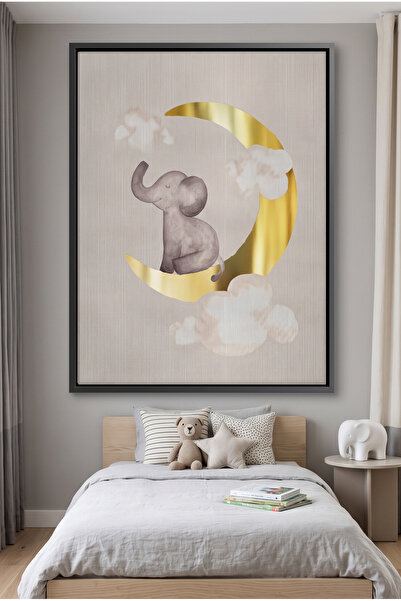 Jasmine Art Baby Elephant on Gold Moon Kids Wall Art | Portrait Framed Canvas...