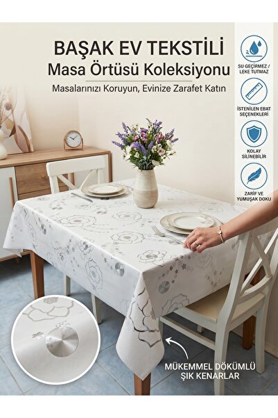 Başak Ev Tekstili Silver Shiny Pvc Tablecloth - Wipeable, Stain Resistant, Ki...