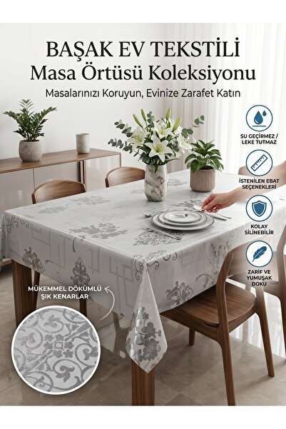 Başak Ev Tekstili Silver Shiny Pvc Tablecloth - Wipeable, Stain Resistant, Ki...