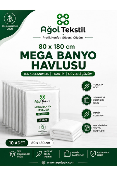 ağol tekstil 80x180 cm Tek Kullanımlık Nonwoven Mega Havlu 10 Adet - Banyo Sp...