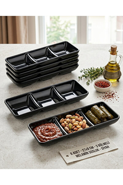 BİODATA 12 Pieces Black Melamine Sauce Bowls with 3 Compartments - Breakfast,...