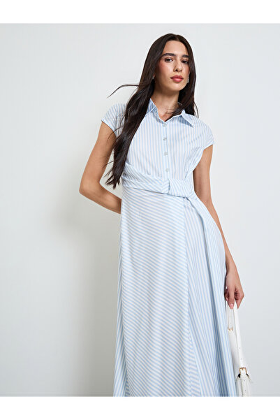 Styli Blue Striped Shirt Midi Dress