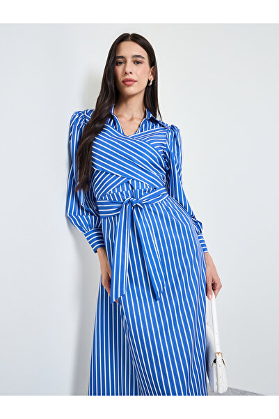 Styli Blue Striped Cross-Band Shirt Midi Dress
