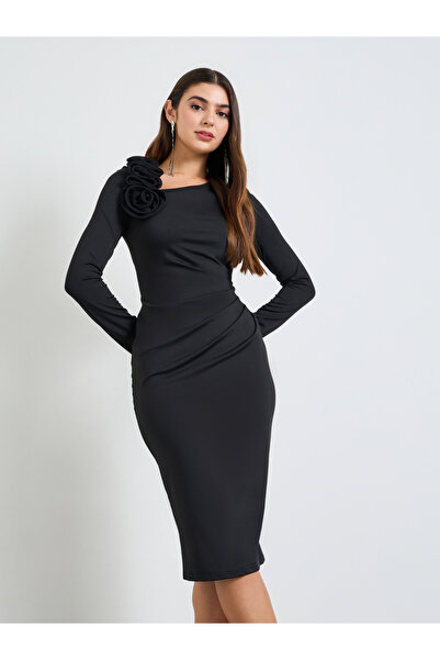 Take Two By Styli Black Corsage Detail Bodycon Knee Length Dress