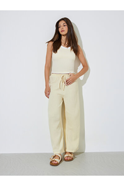 Styli Beige Cotton Wide Leg Pants with Drawcord