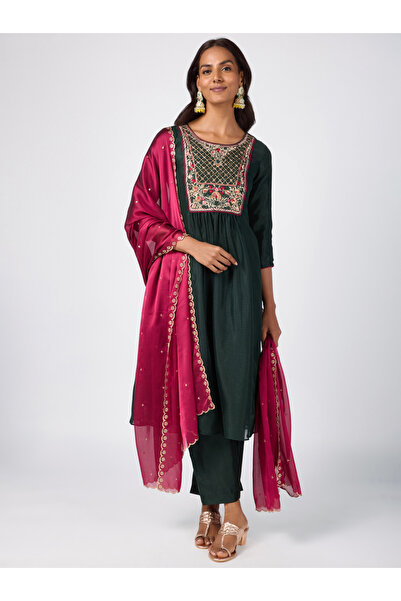 Silver Lime By Styli Green A-Line Yoke Embroidery Kurta, Pants and Contrast D...