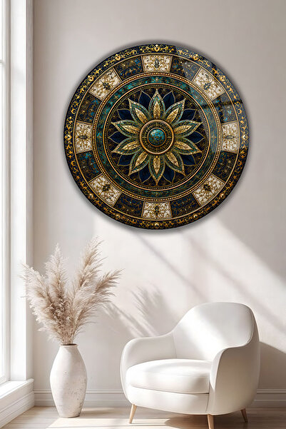 Parıltı Yayınları Masă rotundă de lux din sticlă Mandala Decor de perete Dark...
