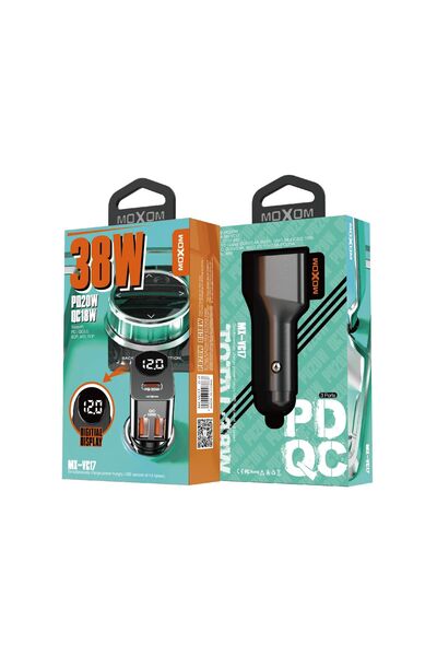 MOXOM Φορτιστής Αυτοκινήτου Μαύρος με Θύρες: 2xUSB 1xType-C και Βολτόμετρο Μπ...