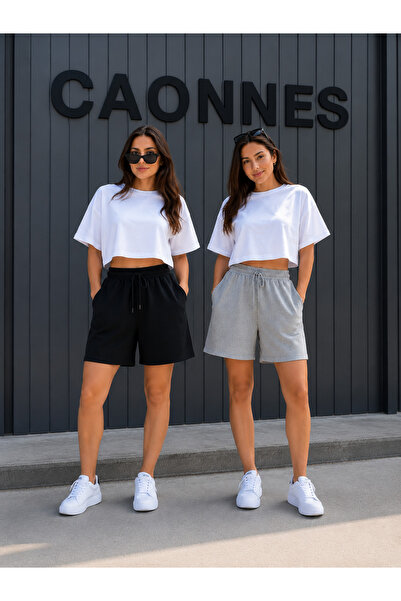 CAONNES 2-Piece Shorts for Women (Black-Grey) Summer Shorts Anti-Sweat