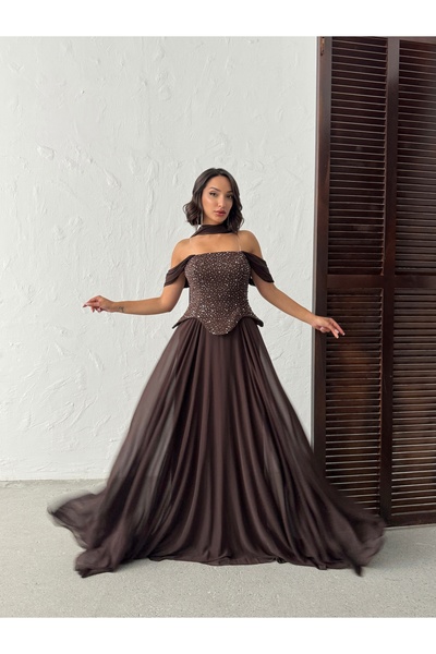 Housebutik Dar Kalıp Straplez Yaka ŞALLI Taşlı Uzun Söz Nişan Nikah Abiye