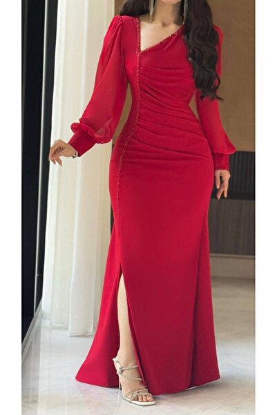 NO BRAND Red Dress Long Sleeve Susen