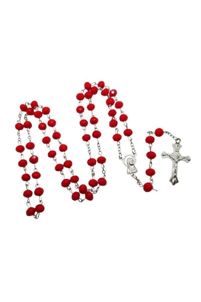 OEM Rozariu roșu, mărgele de cristal de 6 mm, cruce metalică Sfântul Artă