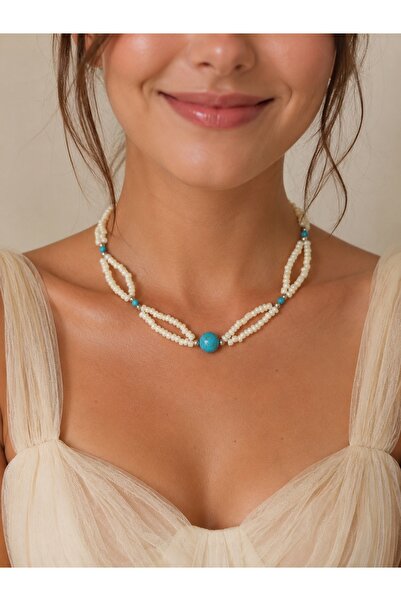 LeylanTakı Women's Turquoise Stone Ecru Bijouterie Gift Necklace