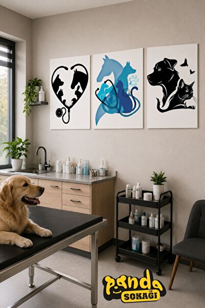 PANDA SOKAĞI Veteriner Kliniği Dekoratif Ahşap Tablo Seti 3'lü – 30x42 cm 3 m...
