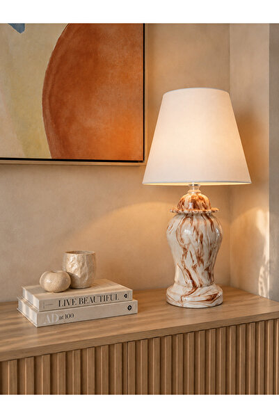 daiza home Abajur Aydınlatma Seramik Şah Küp Kapaklı Kahverengi Marble Beyaz ...