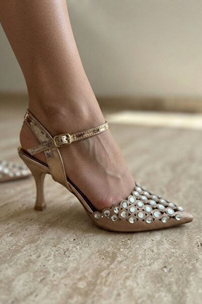 sefayol Rule Gold Patent Leather Stone Women's Heeled Shoes