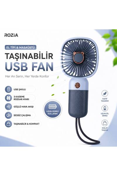 ROZIA USB Şarjlı Mini El Vantilatörü Taşınabilir Masaüstü Fan 3 Kademeli Sess...