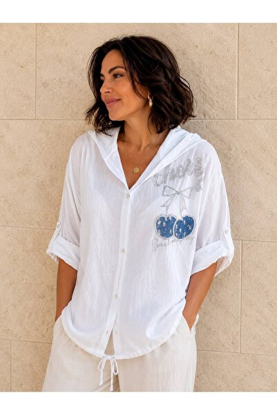 AGORATEKSTİL Women's Hooded Sequined Cotton Shirt 44-48