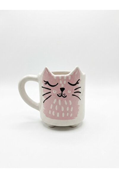 PALTO TASARIM Miyav 17 Handmade 3D Cream Glossy Mug - Handmade Ceramic Mug