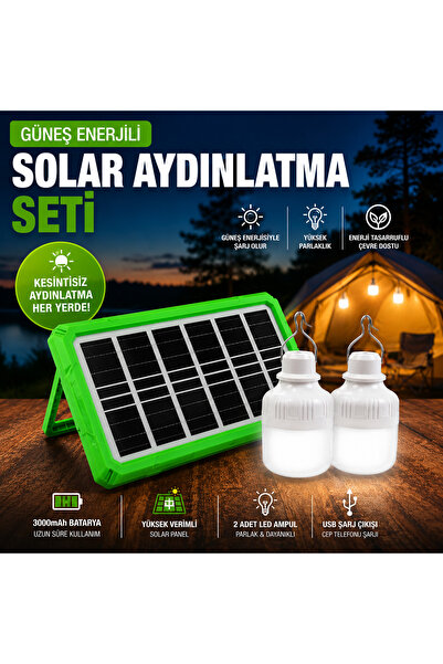 Micron Güneş Enerjili Solar Aydınlatma Seti– 2 LED Ampullü USB Çıkışlı Kamp L...