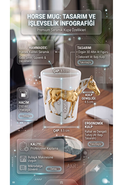 RİVO HOME DECOR كوب سيراميك فاخر بتصميم خاص مع شكل حصان ذهبي ثلاثي الأبعاد - ...