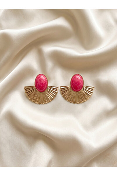 Pelin Aksesuar Pink Oval Stone Gold Color Fan Earrings