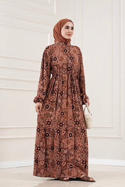 Sevitli Beli Tünelli Viscon Esra Dress-Brown
