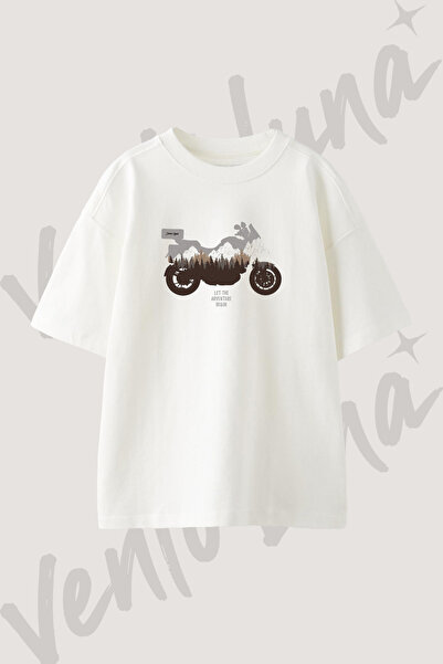 Vento Luna Motosiklet Orman Tasarım Baskılı Unisex Oversize Kalıp Beyaz Tshirt