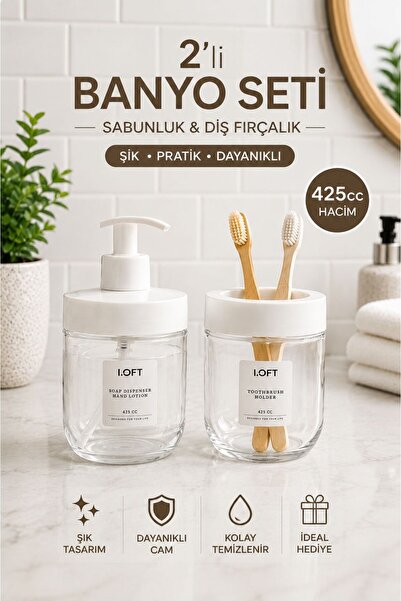 Tercih Home 2-Piece Glass Bathroom Set White 425 Cc Liquid Soap Dispenser and...