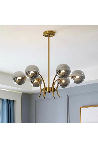 demet habek mylights Mat Altın Gold 6 Kollu Modern Salon Avizesi Füme Küre Ca...
