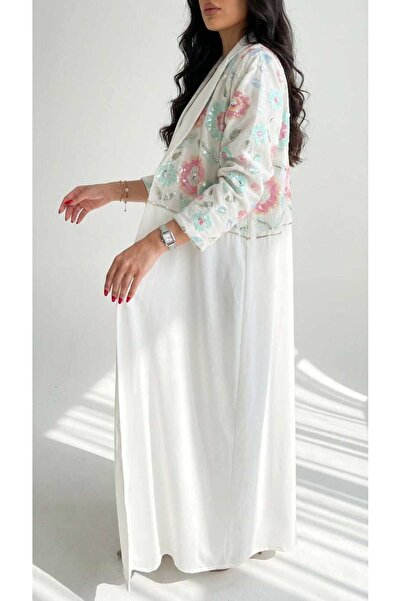 AYA Mwt1335 White Linen Abaya with Rose Embroidery