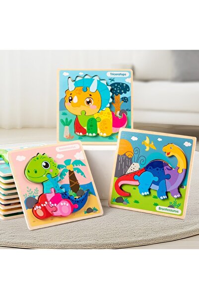 Joytoy 3 seturi de puzzle-uri din lemn cu dinozauri pentru copii, educative, ...