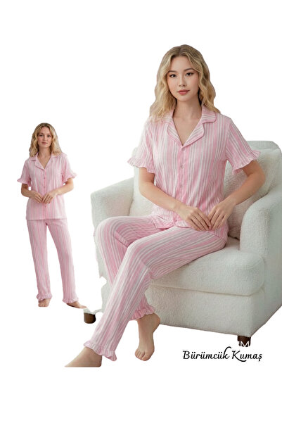 miosse Women's Shirt Collar Buttoned Wrinkled Pajama Set with Ruffles